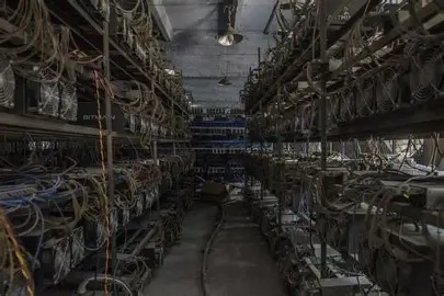 State-of-the-art mining farm with rows of mining rigs operating