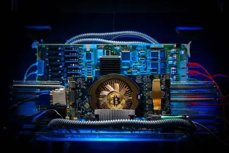 Detailed view of ASIC miners lined up in a Bitcoin mining farm